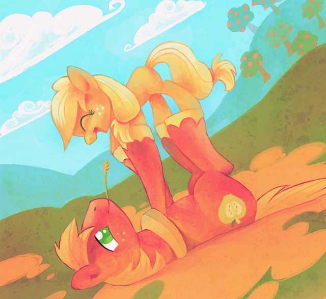 28739__safe_applejack_cute_smiling_openmouth_eyesclosed_filly_bigmacintosh_earthpony_cloud